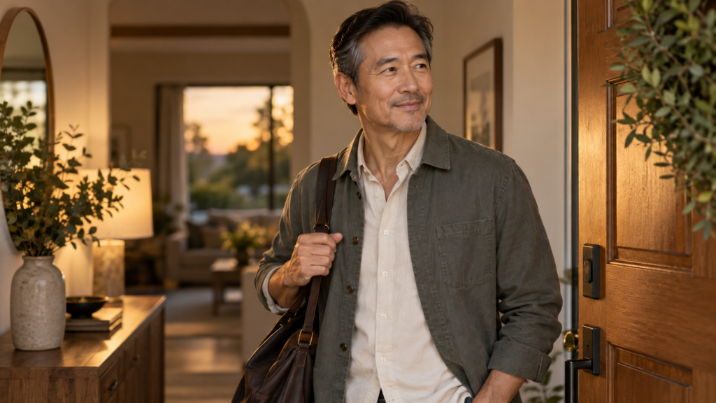 A mature man preparing to head out and begin a new chapter