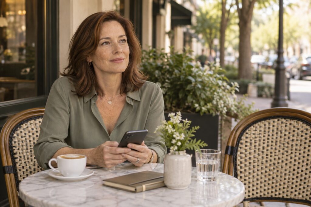A woman with auburn hair sits at a café holding her phone beside an empty chair.
