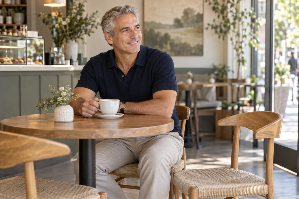 A silver-haired man smiles at a neighborhood café with empty chairs beside him.