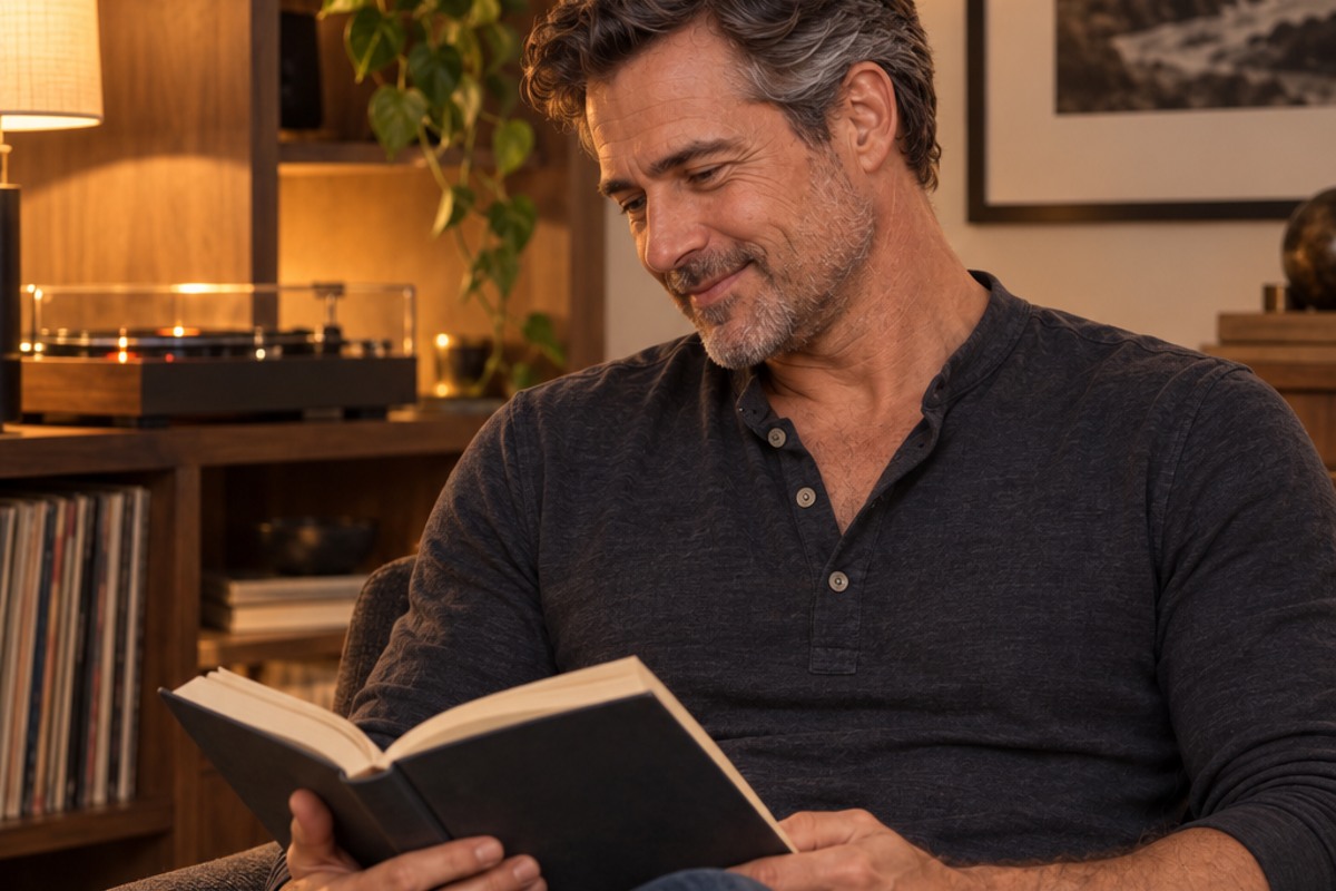 A mature man reading in his own living room; AI-generated illustration.