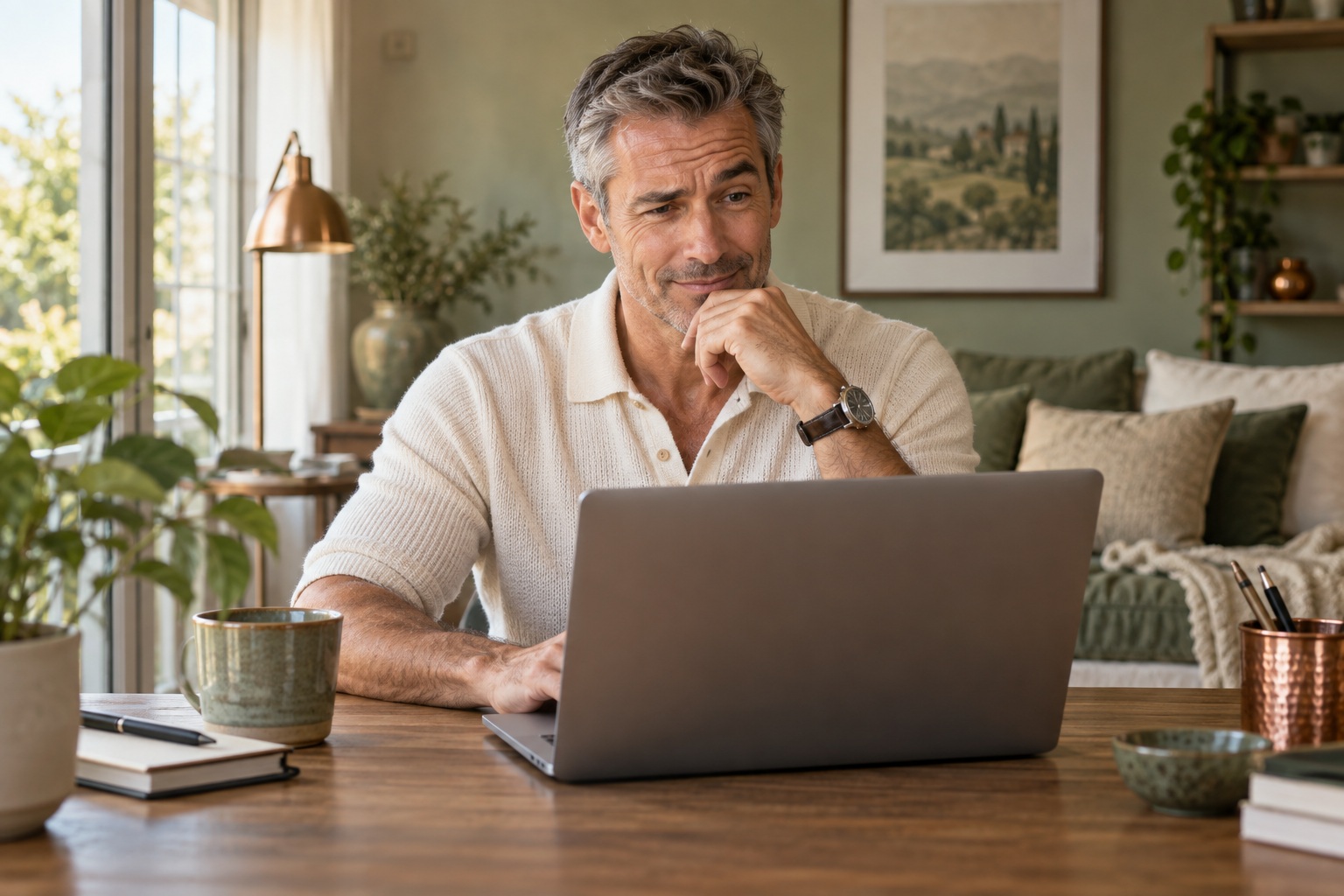 A man looks thoughtfully at his laptop at home.