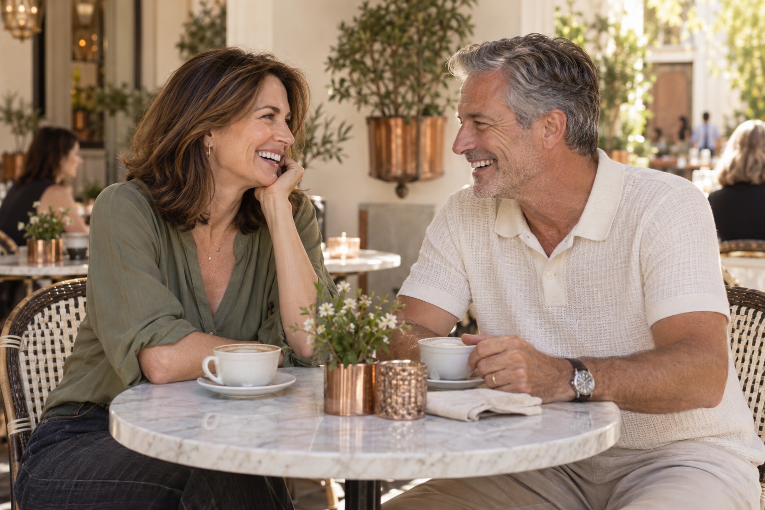 Two adults share a laugh over coffee at a neighborhood cafe.