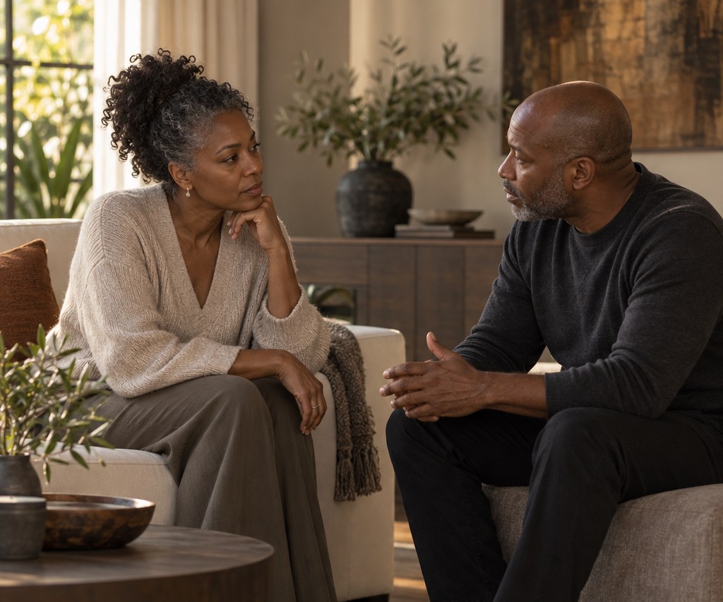 A couple talking together in a bright living room. AI-created fictional editorial scene.