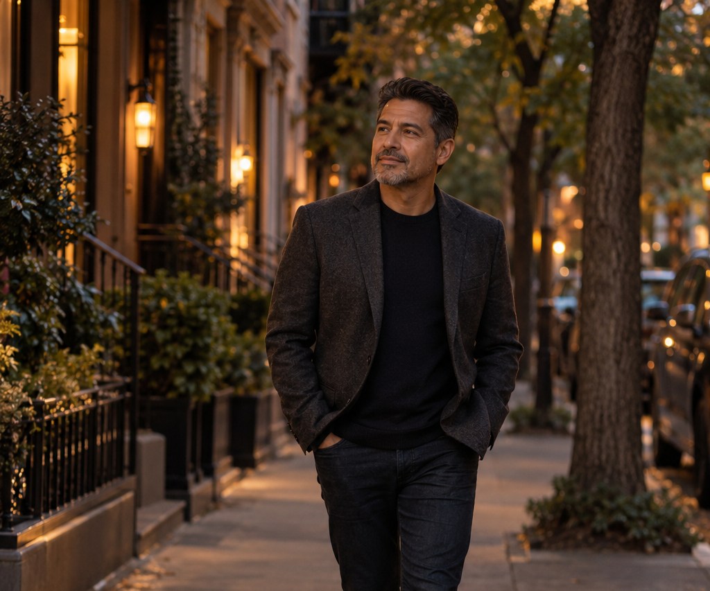 A man in a dark jacket and trousers walking along a city street. AI-created fictional editorial scene.