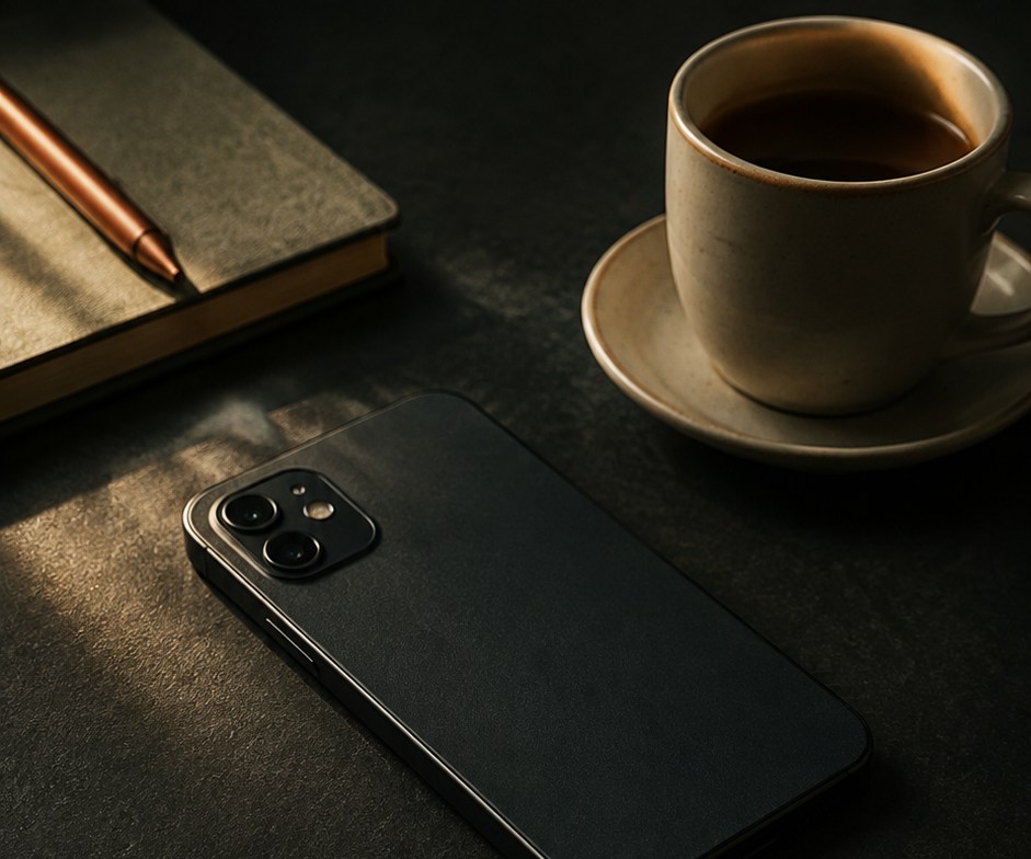 A phone set aside beside a coffee cup. AI-created fictional editorial scene.