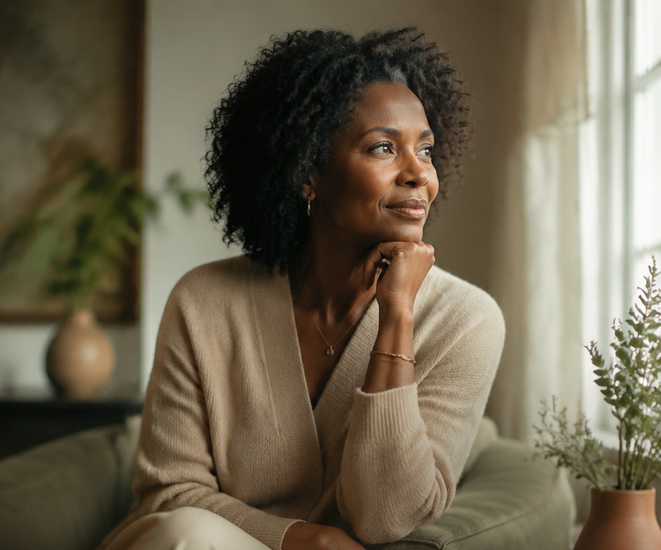 A woman in a cream sweater reflecting beside a window. AI-created fictional editorial scene.