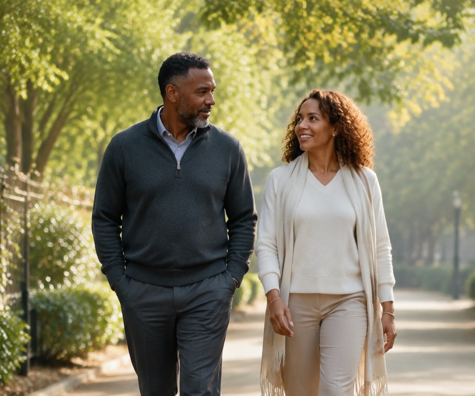 A couple walking together along a leafy park path. AI-created fictional editorial scene.