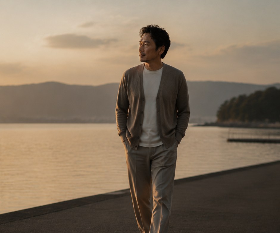 A man enjoying a quiet waterfront outing. AI-created fictional editorial scene.
