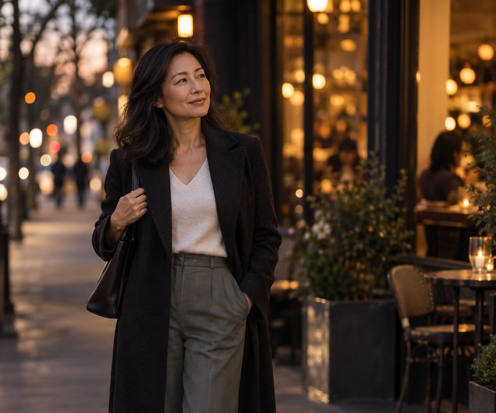 A woman in a dark tailored outfit walking outside a warmly lit restaurant. AI-created fictional editorial scene.