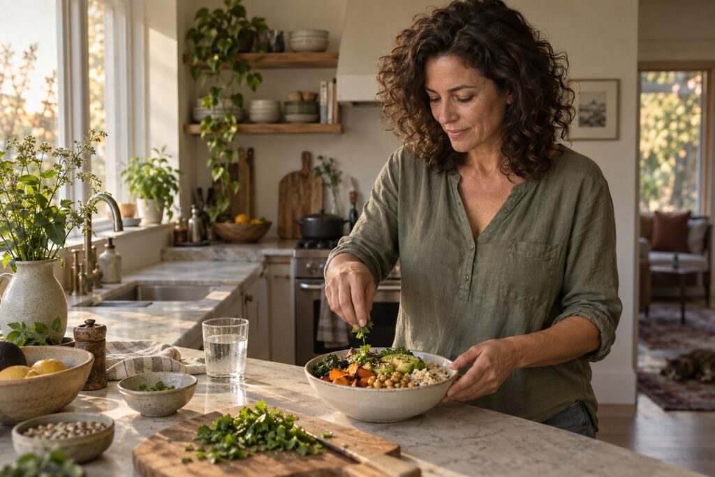 A fictional woman preparing a simple meal in a sunlit kitchen. AI-generated editorial image.